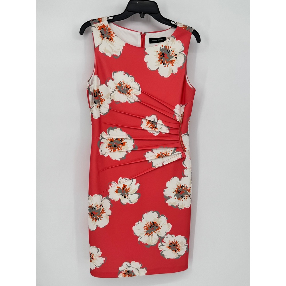 Ivanka Trump Sheath Dress Women Size 8 Coral Red Floral Excellent Ruched Side